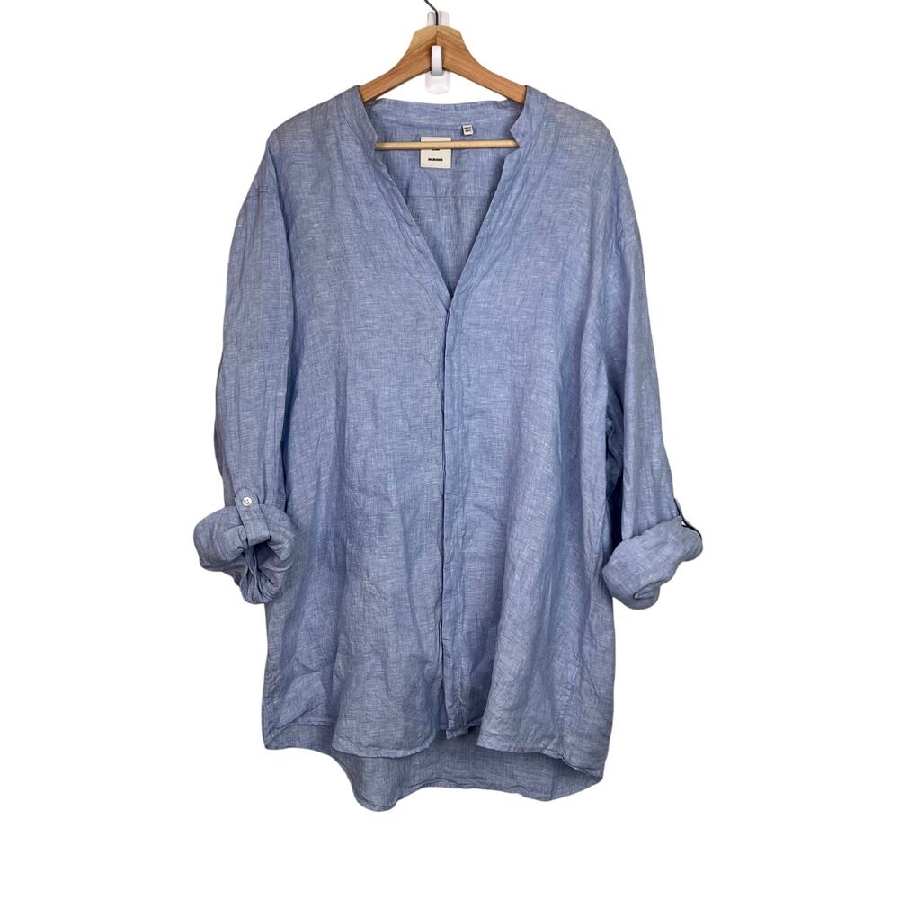 Baird McNutt Murano Men's 2XT Linen Mandarin Collar Roll Tab Sleeve Shirt‎ Blue